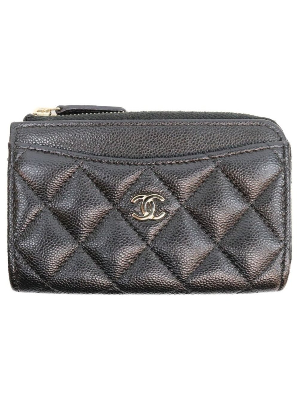 Chanel Black Caviar Leather Champagne Gold Classic Zip Card Case Fragment